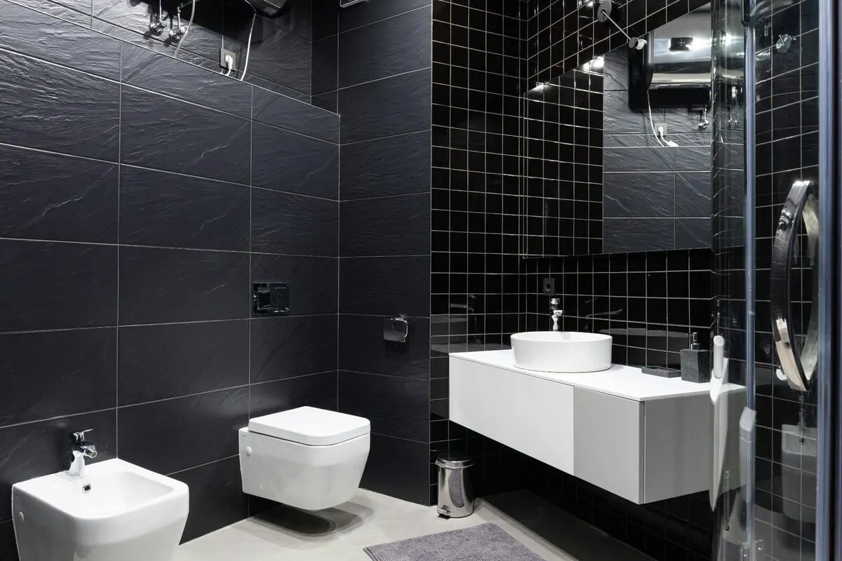 Designer bathroom with double vanity and walk-in shower